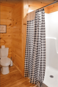 A plaid shower curtain
