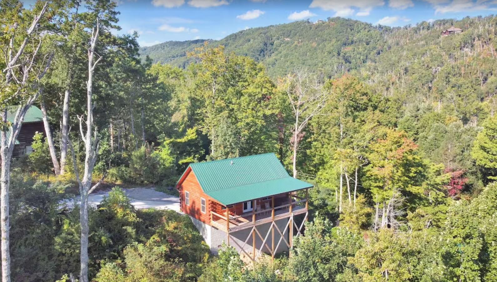 An orange house with green roof in the middle of the forest